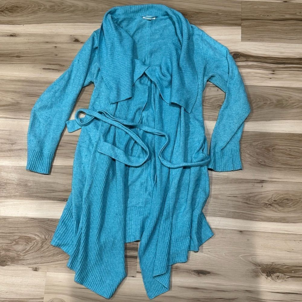 Garnet Hill Light Blue Long Ruffle Draped Cardigan Duster Sweater Women’s Medium